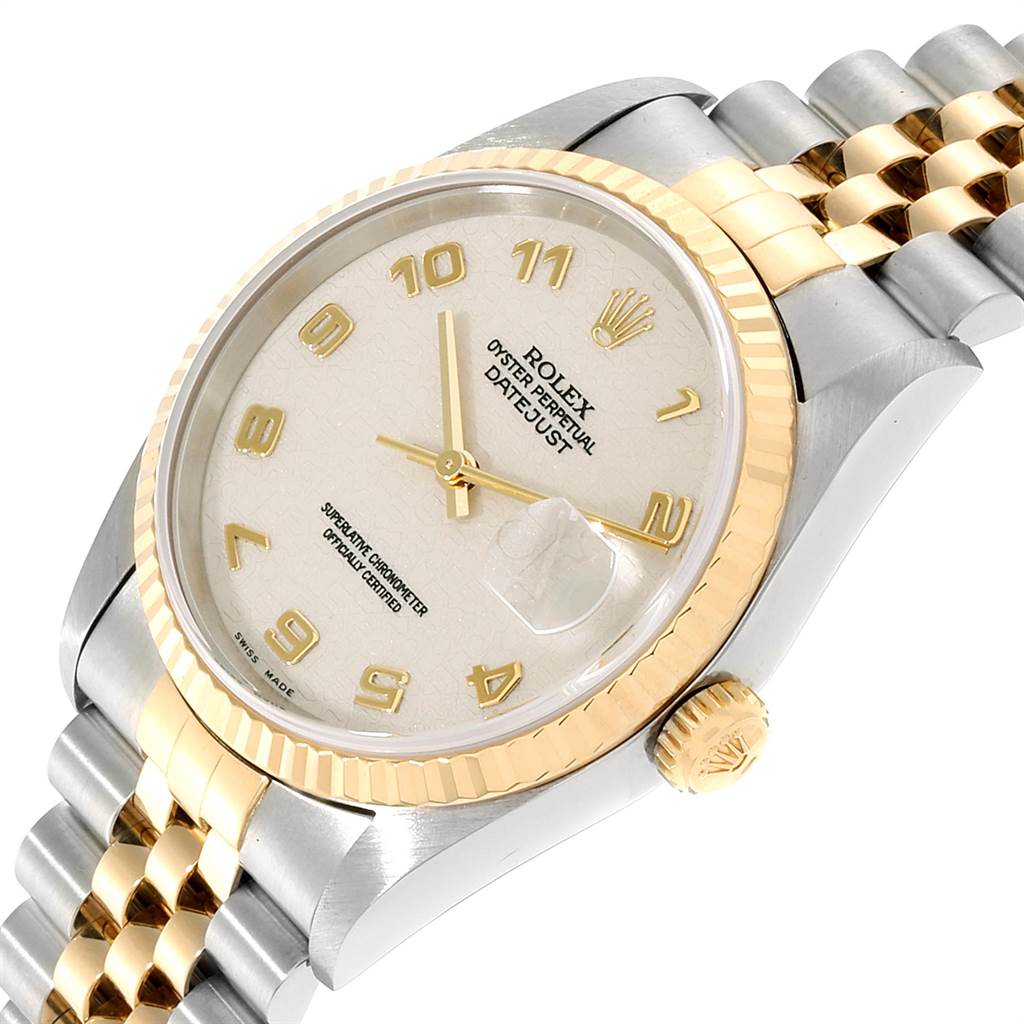 This image shows a Rolex Datejust 16233 Men
s Steel and Gold (two tone) Beige Dial 16233 Men
s Steel and Gold (two tone) Beige Dial watch at an angled view, highlighting its bezel, crown, dial, and bracelet.