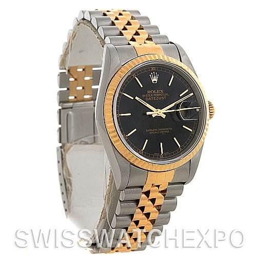 The Rolex Datejust 16233 Men's Stainless Steel Black Dial 16233 Men's Stainless Steel Black Dial watch is shown at an angle displaying the face, case, and bracelet.