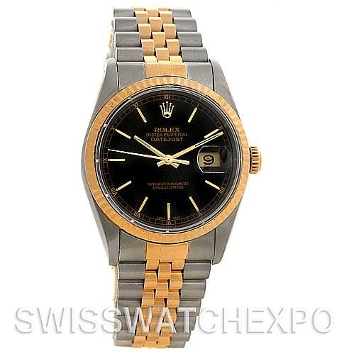 This image shows a front view of the Rolex Datejust 16233 Men's Stainless Steel Black Dial 16233 Men's Stainless Steel Black Dial watch, featuring its dial, bezel, and two-tone bracelet.