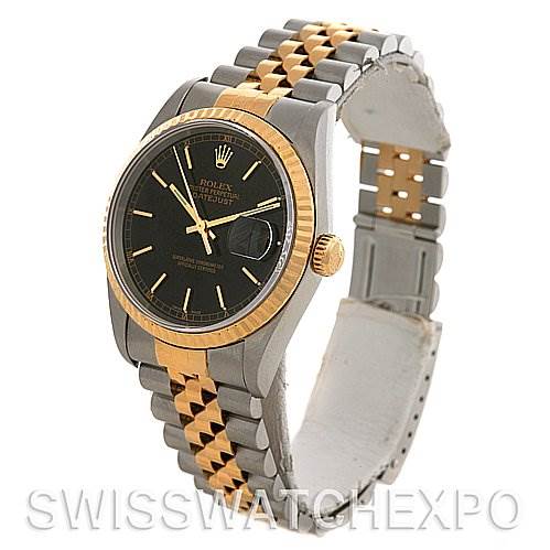 This image shows a Rolex Datejust 16233 Men's Stainless Steel Black Dial 16233 Men's Stainless Steel Black Dial watch at a slight angle, highlighting its black dial, jubilee bracelet, and gold fluted bezel.