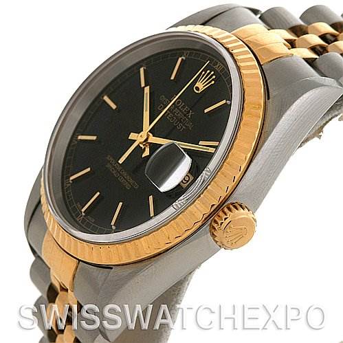 The image shows a side angle of a Rolex Datejust 16233 Men's Stainless Steel Black Dial 16233 Men's Stainless Steel Black Dial watch, displaying its crown, bezel, and part of the bracelet.