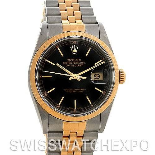 This image shows a Rolex Datejust 16233 Men's Stainless Steel Black Dial 16233 Men's Stainless Steel Black Dial watch from a straightforward, front-facing angle, highlighting the dial, bezel, and bracelet.