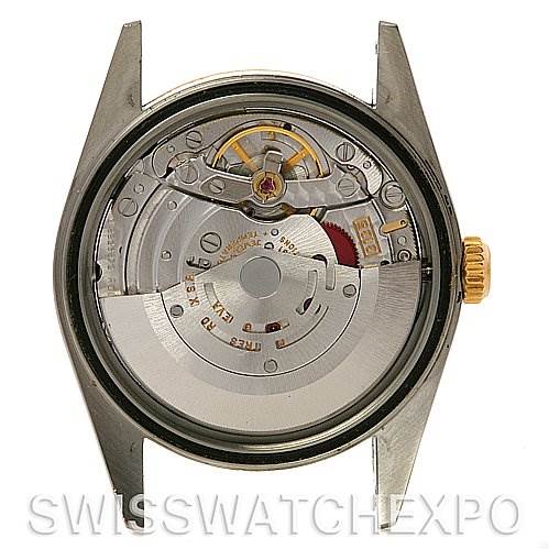 This image shows the internal mechanics and movement of a Rolex Datejust 16233 Men's Stainless Steel Black Dial 16233 Men's Stainless Steel Black Dial watch from a rear angle.