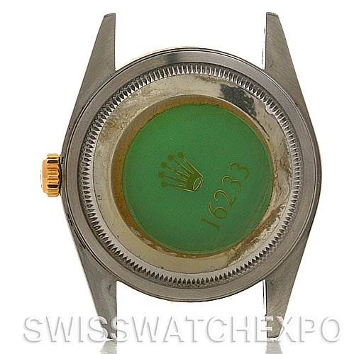 The image shows the back case of a Rolex Datejust 16233 Men's Stainless Steel Black Dial 16233 Men's Stainless Steel Black Dial model watch, displaying the crown logo and reference number 16233.