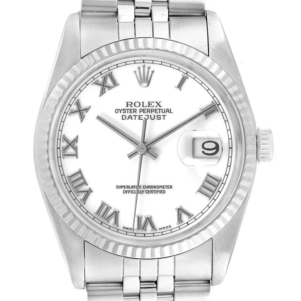 The Rolex Datejust 16234 Men's Stainless Steel White Dial 16234 Men's Stainless Steel White Dial watch is shown from a front angle, displaying its dial, hands, date window, and part of the bracelet.