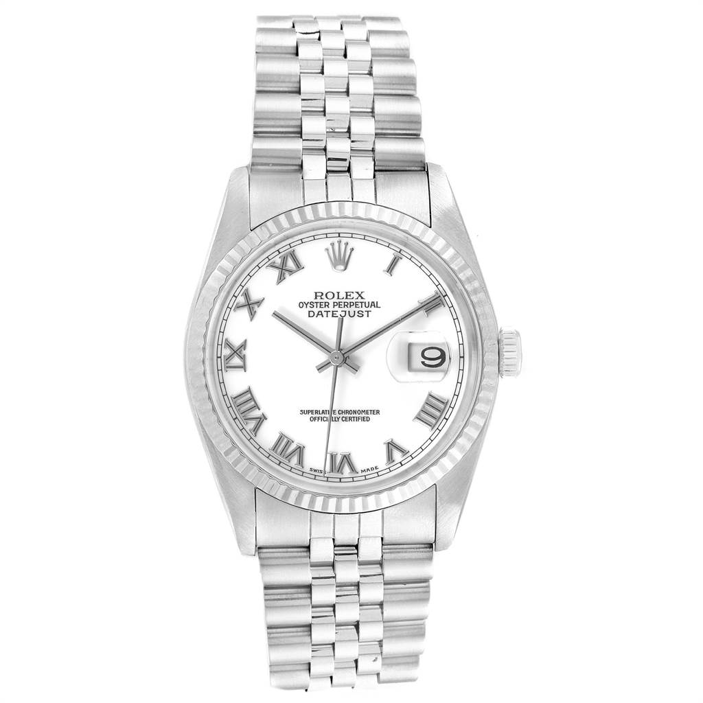 This image shows a front view of the Rolex Datejust 16234 Men's Stainless Steel White Dial 16234 Men's Stainless Steel White Dial watch, featuring the dial, bezel, crown, and bracelet.