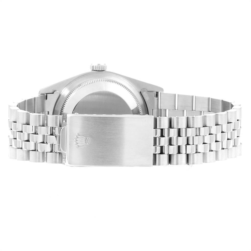This image shows the back view of the Rolex Datejust 16234 Men's Stainless Steel White Dial 16234 Men's Stainless Steel White Dial watch, focusing on the case, crown, and jubilee bracelet with a clasp.