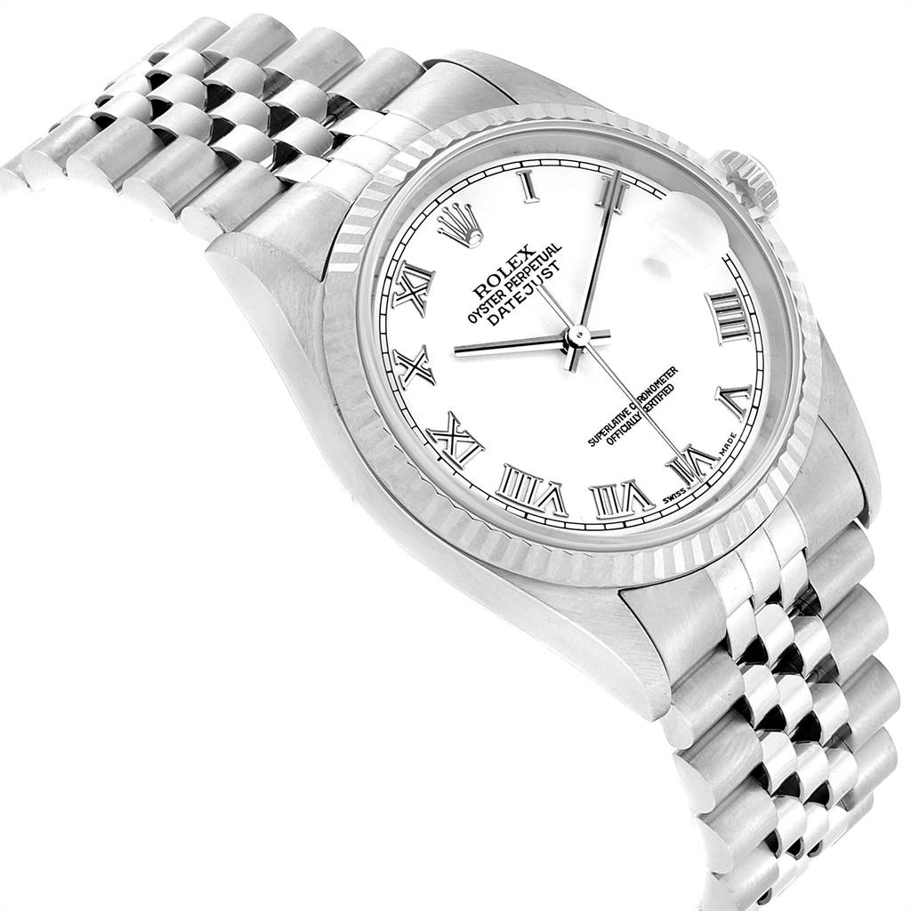 This image shows a close-up side angle of the Rolex Datejust 16234 Men's Stainless Steel White Dial 16234 Men's Stainless Steel White Dial watch, highlighting its face, bezel, and Jubilee bracelet.