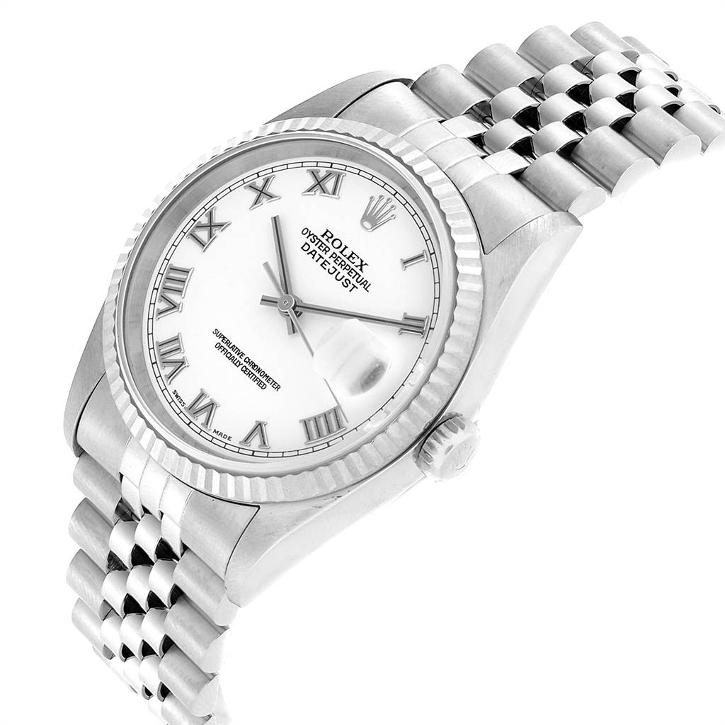 The image shows a Rolex Datejust 16234 Men's Stainless Steel White Dial 16234 Men's Stainless Steel White Dial watch at an angled top view, highlighting the dial, bezel, and bracelet.