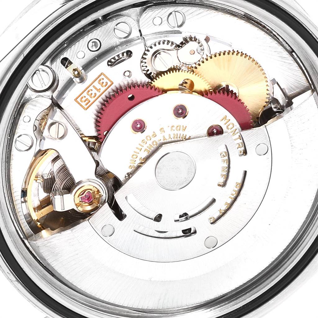This image shows the intricate movement mechanism inside a Rolex Datejust 16234 Men's Stainless Steel White Dial 16234 Men's Stainless Steel White Dial watch, highlighting gears and components.
