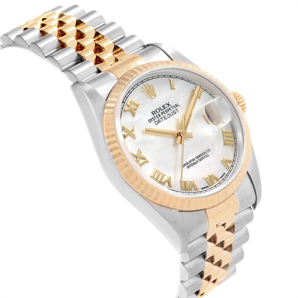 The image shows a Rolex Datejust 116233 Men's Stainless Steel Mother of Pearl Dial 116233 Men's Stainless Steel Mother of Pearl Dial watch at a slight angle, highlighting its dial, bezel, and two-tone bracelet.