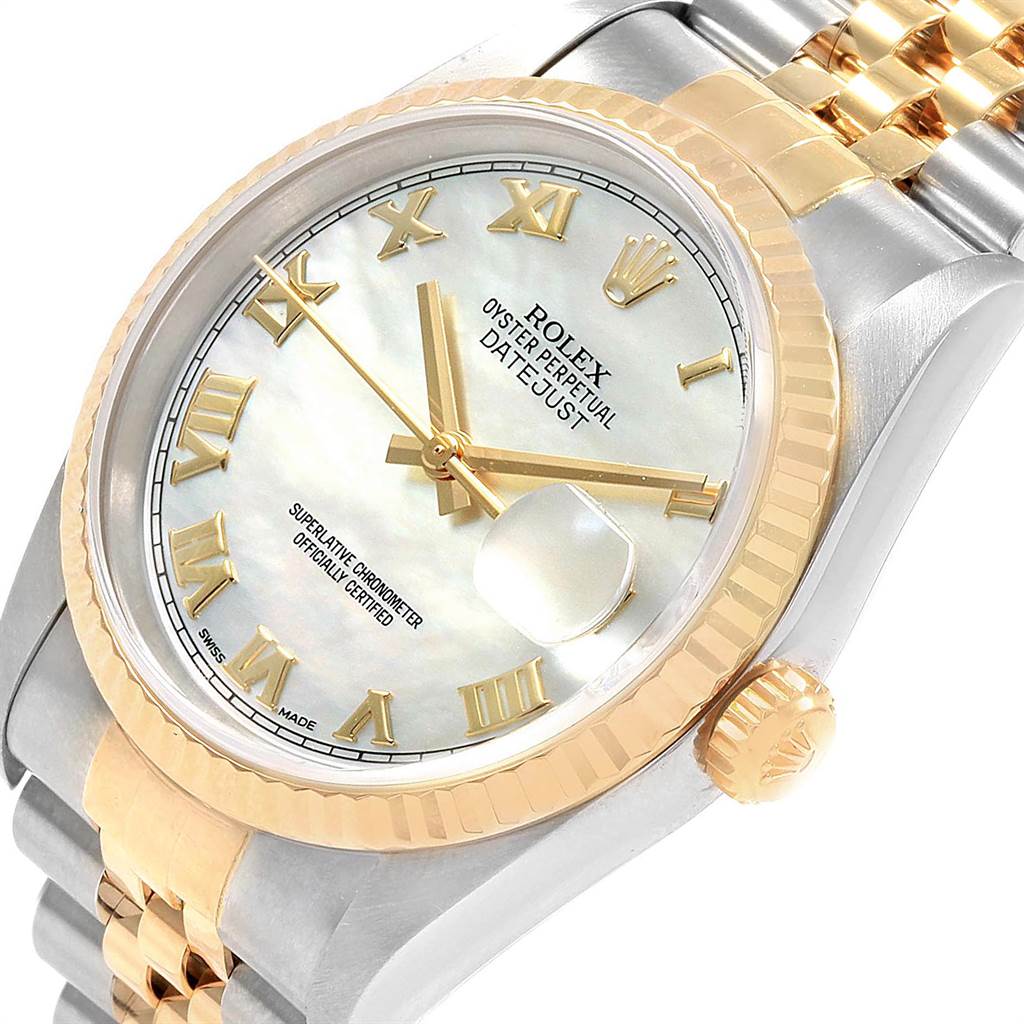 This image shows a close-up of the Rolex Datejust 116233 Men's Stainless Steel Mother of Pearl Dial 116233 Men's Stainless Steel Mother of Pearl Dial watch model, highlighting its dial, bezel, crown, and bracelet.