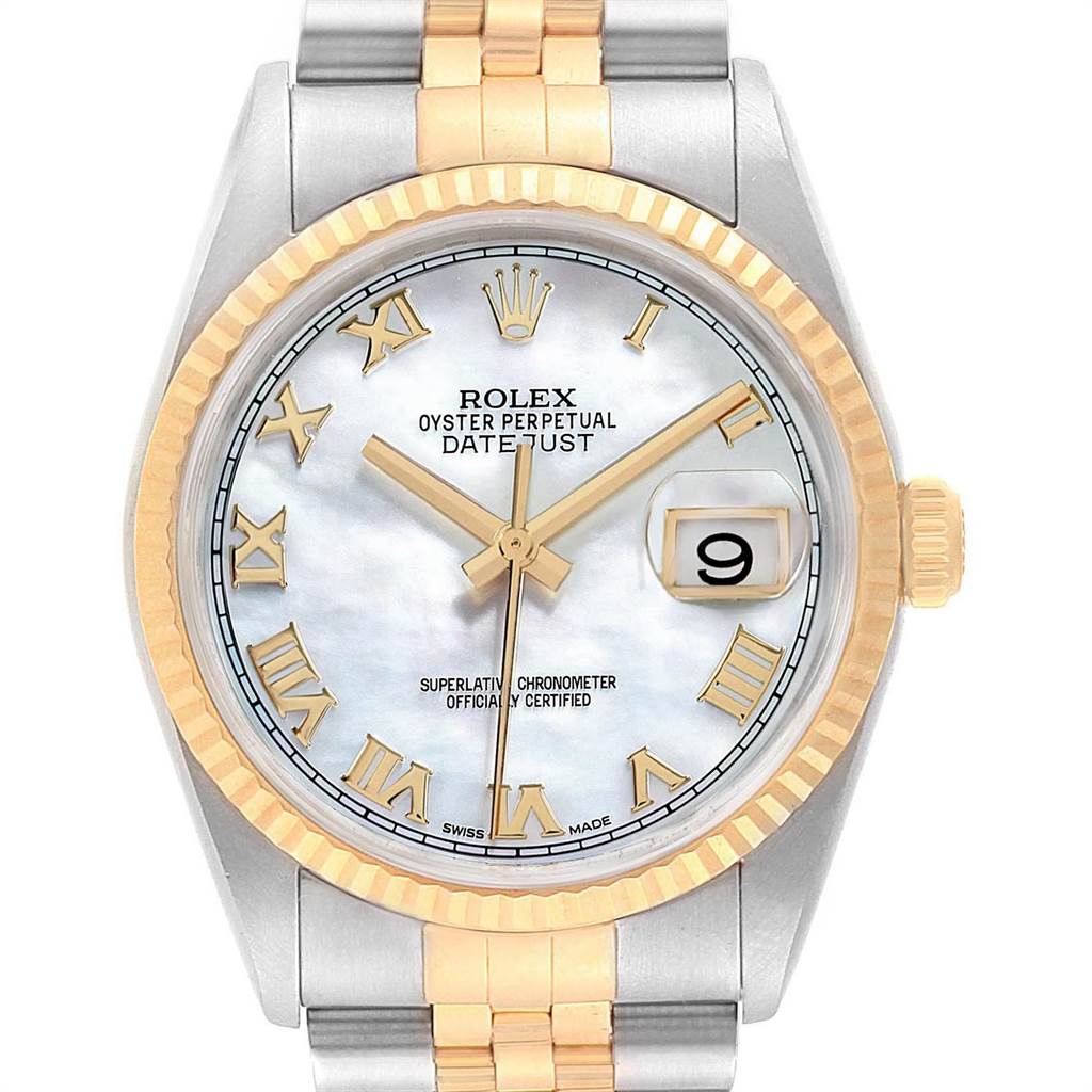 This image shows the face and part of the two-tone bracelet of a Rolex Datejust 116233 Men's Stainless Steel Mother of Pearl Dial 116233 Men's Stainless Steel Mother of Pearl Dial watch.