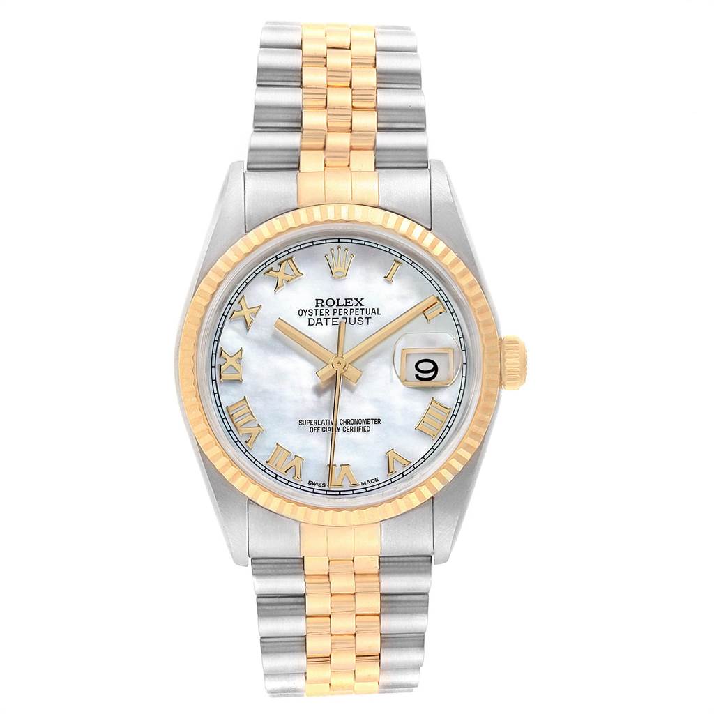 The image shows a Rolex Datejust 116233 Men's Stainless Steel Mother of Pearl Dial 116233 Men's Stainless Steel Mother of Pearl Dial watch from a front view, highlighting its dial, bezel, crown, and bracelet.