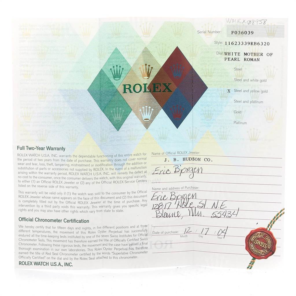 The image shows the warranty and certification paper for a Rolex Datejust 116233 Men's Stainless Steel Mother of Pearl Dial 116233 Men's Stainless Steel Mother of Pearl Dial watch, detailing the serial number, style, and purchase date.
