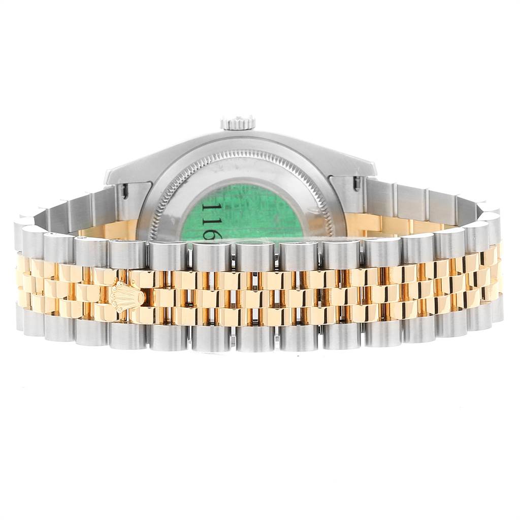 This image shows the back of a Rolex Datejust 116233 Men's Stainless Steel Mother of Pearl Dial 116233 Men's Stainless Steel Mother of Pearl Dial watch with a two-tone Jubilee bracelet.