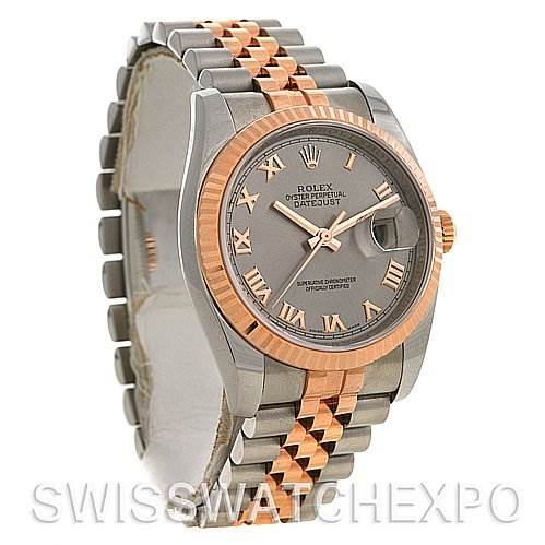 The image shows a Rolex Datejust 116231 Men's Stainless Steel Silver Dial 116231 Men's Stainless Steel Silver Dial watch from an angled front view, displaying the face, bezel, and part of the bracelet.