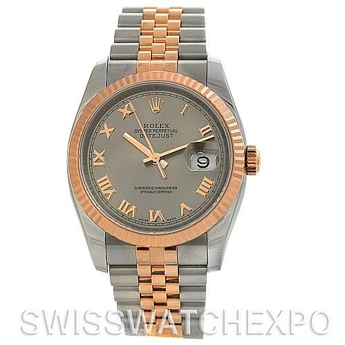 This image shows a front view of the Rolex Datejust 116231 Men's Stainless Steel Silver Dial 116231 Men's Stainless Steel Silver Dial watch, featuring a two-tone band, a grey dial, and a rose gold bezel with Roman numerals.