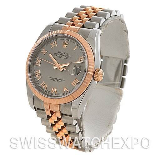 The image shows a Rolex Datejust 116231 Men's Stainless Steel Silver Dial 116231 Men's Stainless Steel Silver Dial watch at a three-quarter angle, highlighting its two-tone bracelet and gray dial with Roman numerals.