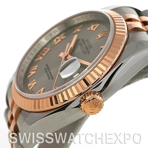 This image shows a close-up side angle of a Rolex Datejust 116231 Men's Stainless Steel Silver Dial 116231 Men's Stainless Steel Silver Dial watch, highlighting the crown, bezel, and part of the dial and bracelet.