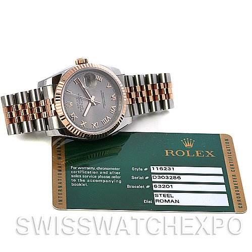 The image shows a Rolex Datejust 116231 Men's Stainless Steel Silver Dial 116231 Men's Stainless Steel Silver Dial watch with a two-tone Jubilee bracelet, positioned at an angle above its certification card.