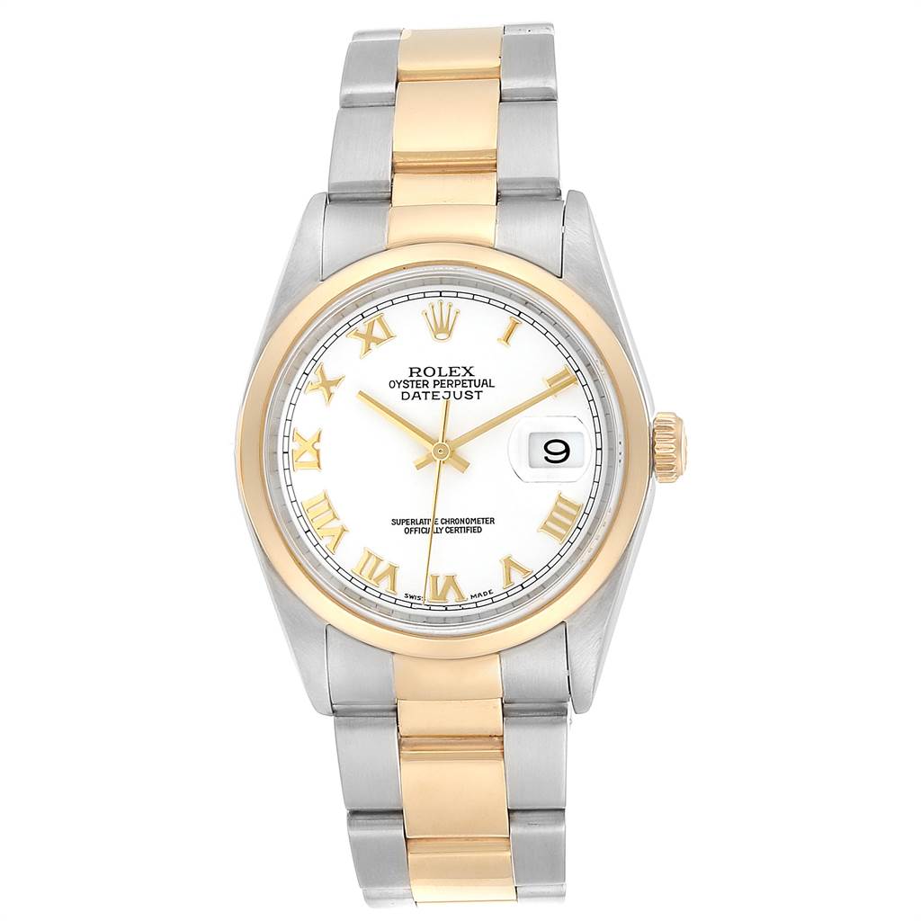 The image shows the face and bracelet of a Rolex Datejust 16203 Men's Steel and Gold (two tone) White Dial 16203 Men's Steel and Gold (two tone) White Dial watch, with a front view displaying the dial, hands, and date window.