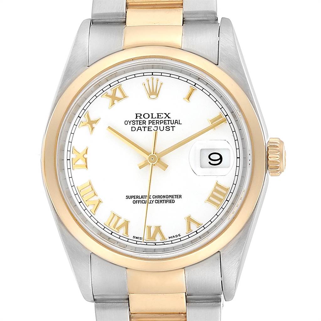 This Rolex Datejust 16203 Men's Steel and Gold (two tone) White Dial 16203 Men's Steel and Gold (two tone) White Dial watch is shown from a front angle, displaying the dial, Roman numerals, hands, bezel, and part of the bracelet.