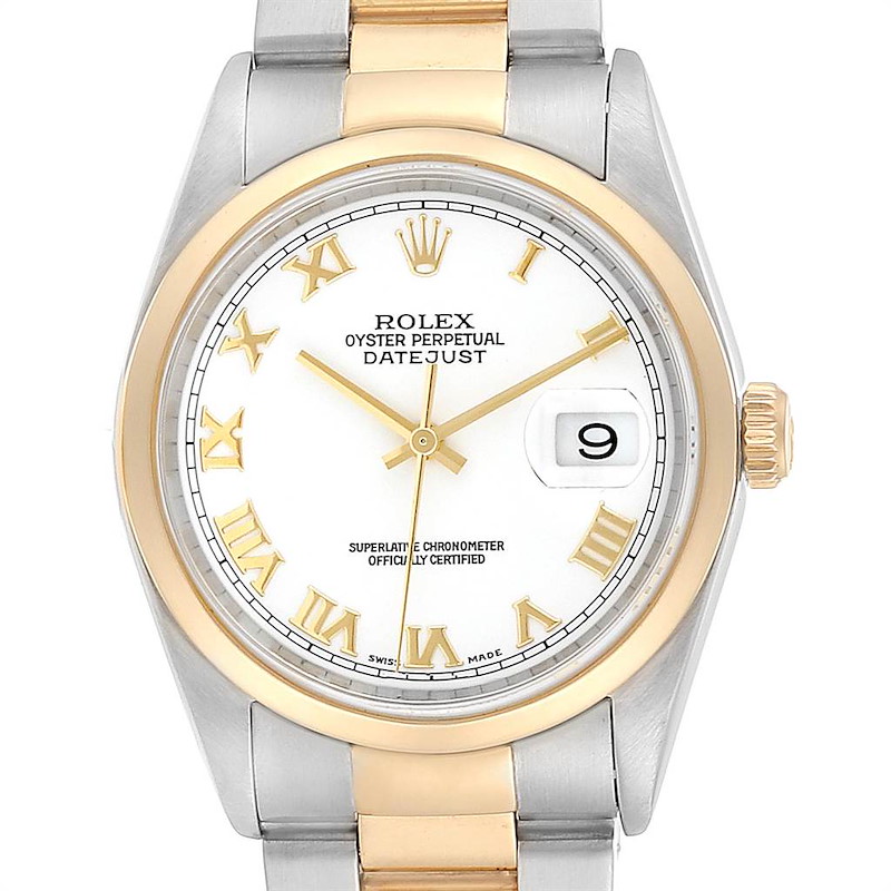 Rolex Datejust 36 Steel Yellow Gold White Roman Dial Mens Watch 16203 SwissWatchExpo
