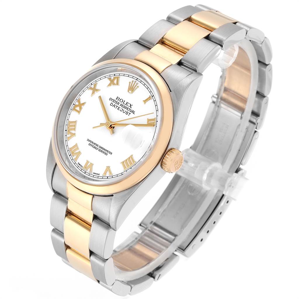 The image shows a Rolex Datejust 16203 Men's Steel and Gold (two tone) White Dial 16203 Men's Steel and Gold (two tone) White Dial watch at an angled view, displaying its dial, bezel, and bracelet.