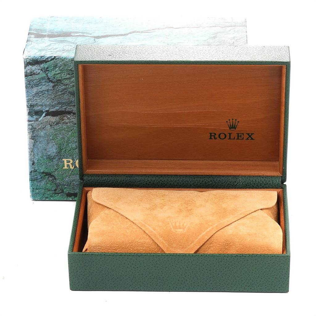 This image shows the open packaging box for a Rolex Datejust 16203 Men's Steel and Gold (two tone) White Dial 16203 Men's Steel and Gold (two tone) White Dial watch, with a protective suede pouch inside.