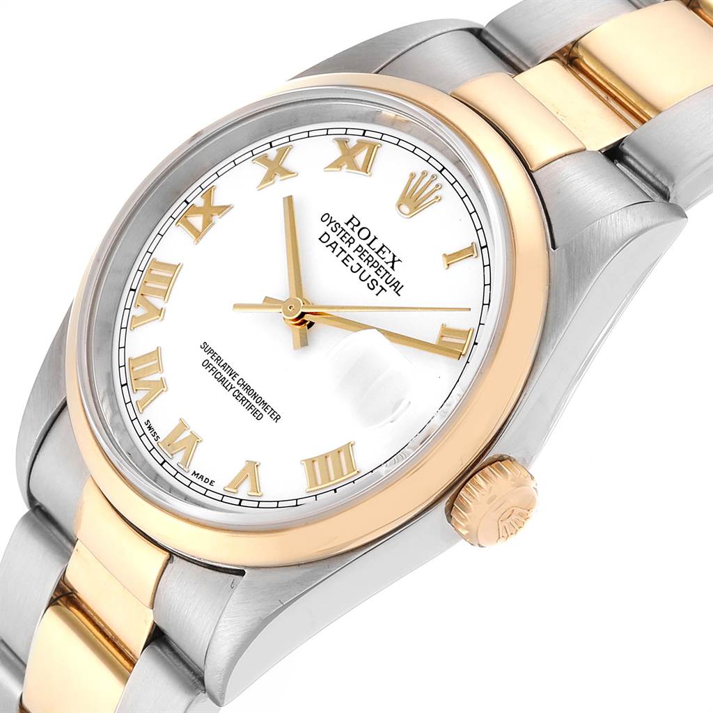This image shows a Datejust Rolex watch at an oblique angle, highlighting the face, crown, and part of the bracelet.