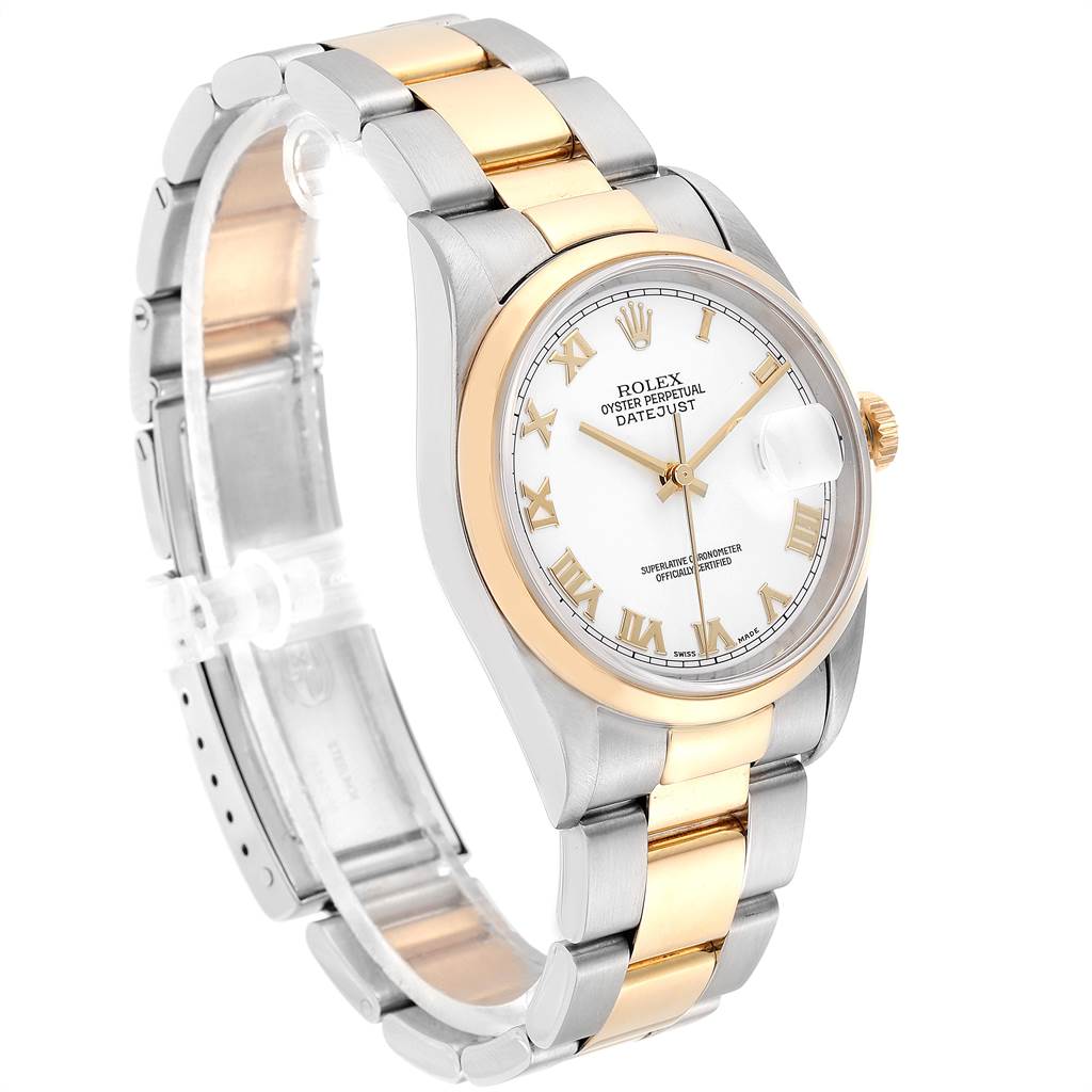 The photo shows a Rolex Datejust 16203 Men's Steel and Gold (two tone) White Dial 16203 Men's Steel and Gold (two tone) White Dial watch at a 3/4 angle, highlighting its face, bezel, and two-tone bracelet.