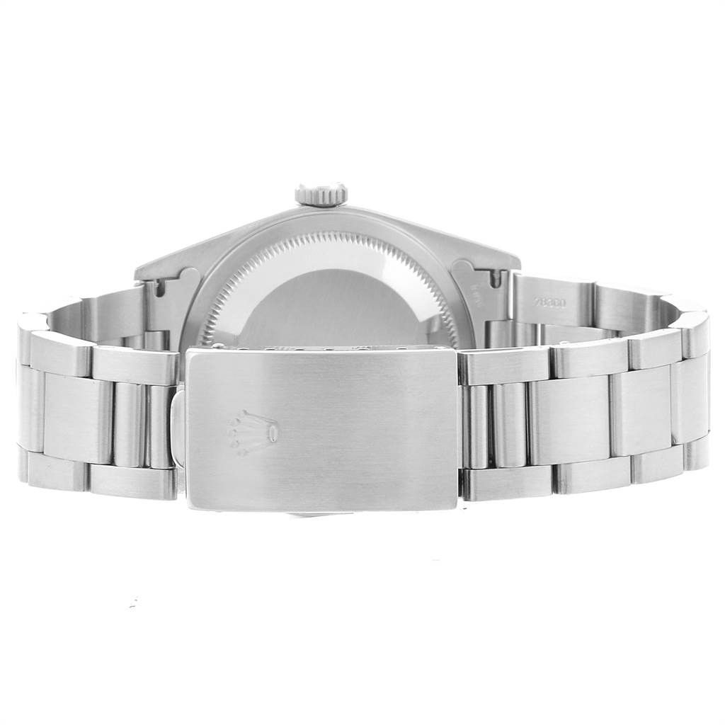 The image shows the back view of a Rolex Datejust 16200 Men's Stainless Steel White Dial 16200 Men's Stainless Steel White Dial model, highlighting the bracelet and clasp.