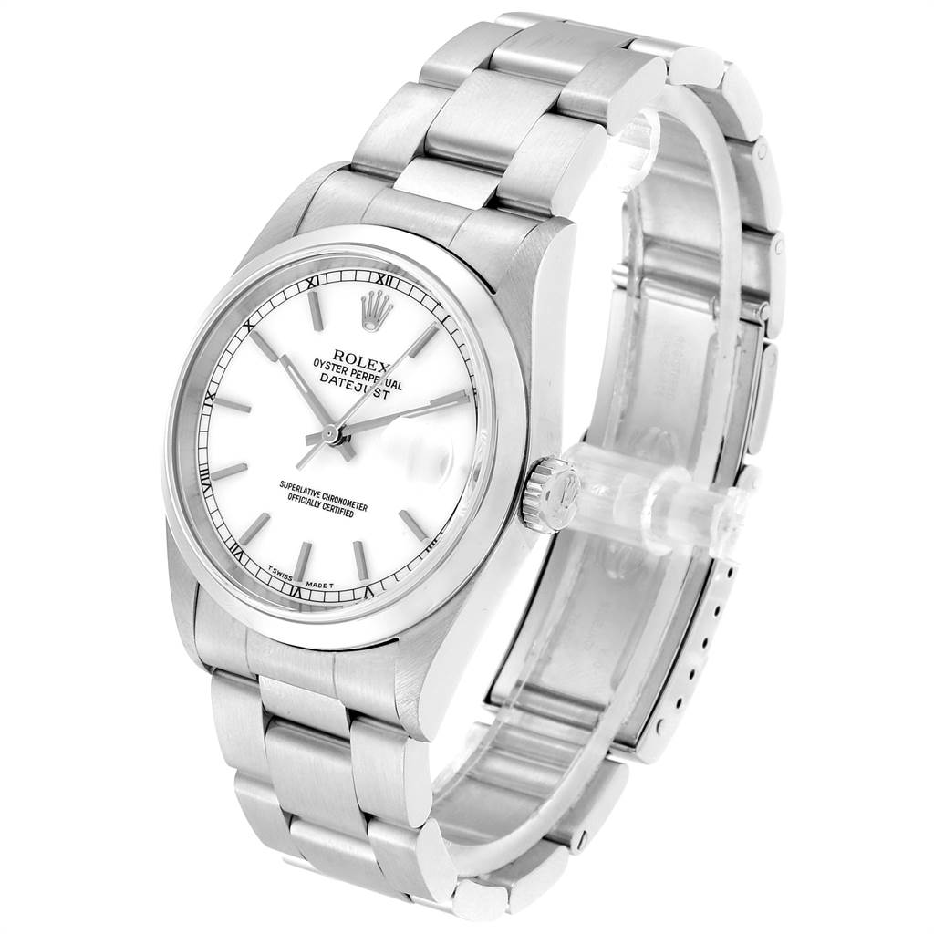 This image shows a Rolex Datejust 16200 Men's Stainless Steel White Dial 16200 Men's Stainless Steel White Dial watch from a front angle, highlighting the dial, bracelet, and side crown.