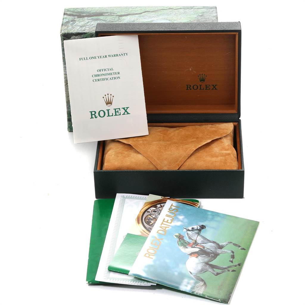 The image shows a Rolex Datejust 16200 Men's Stainless Steel White Dial 16200 Men's Stainless Steel White Dial box with warranty papers and a booklet, viewed from the front.