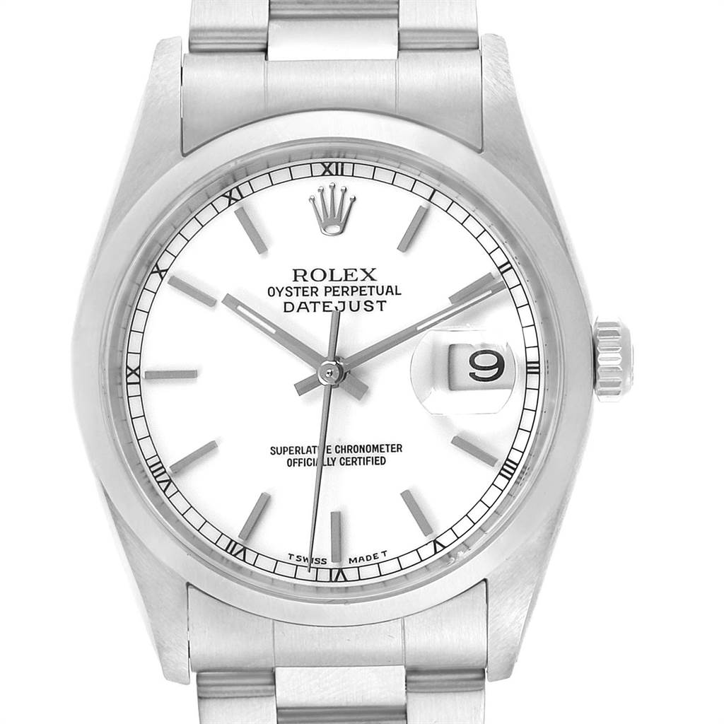 This is a front view of a Rolex Datejust 16200 Men's Stainless Steel White Dial 16200 Men's Stainless Steel White Dial watch, showing the dial, hands, date window, and part of the bracelet.