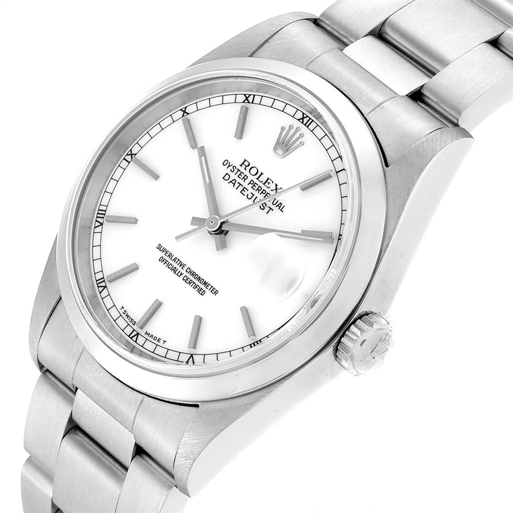 The image shows a Rolex Datejust 16200 Men's Stainless Steel White Dial 16200 Men's Stainless Steel White Dial watch at a slight side angle, highlighting the face, crown, and part of the bracelet.
