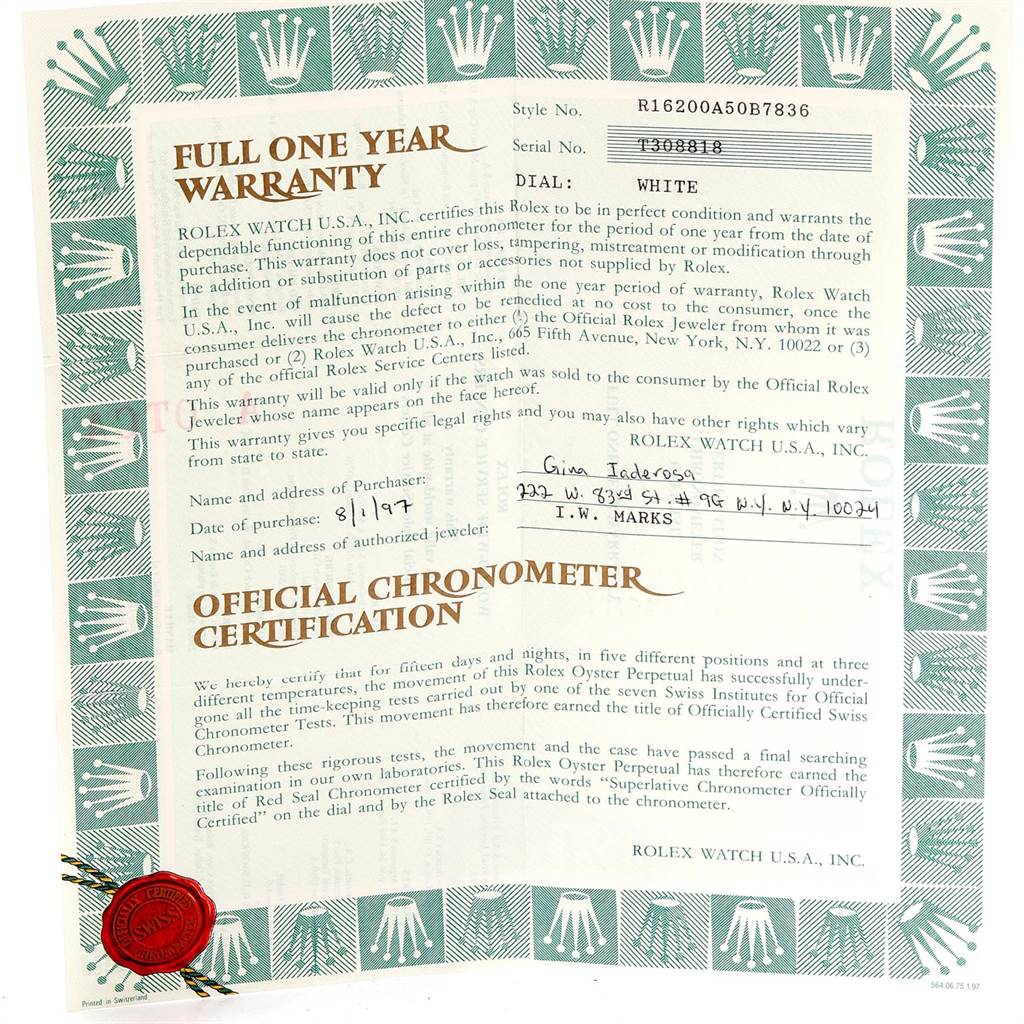 The image shows Rolex Datejust 16200 Men's Stainless Steel White Dial 16200 Men's Stainless Steel White Dial's warranty and official chronometer certification document, viewed from the front.