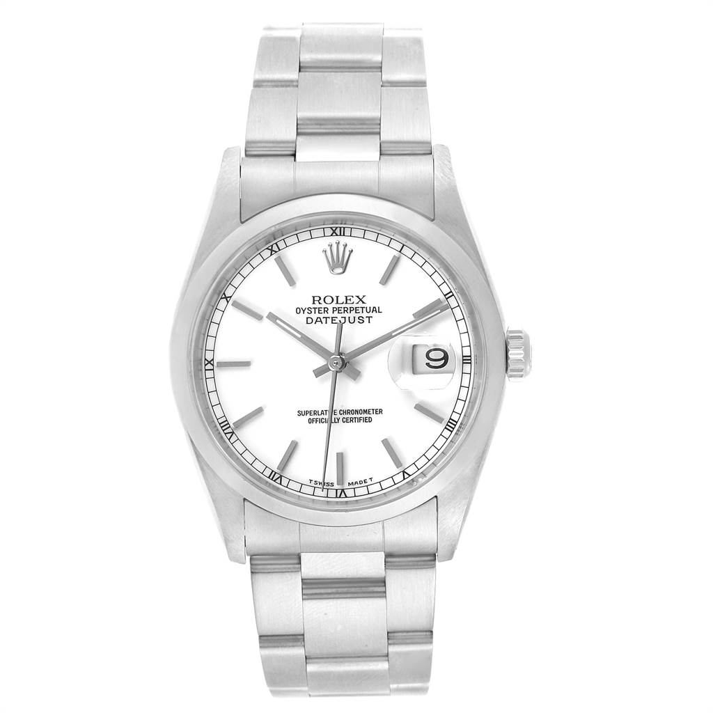 The image shows a front view of the Rolex Datejust 16200 Men's Stainless Steel White Dial 16200 Men's Stainless Steel White Dial watch, including the dial, case, bezel, crown, and bracelet.