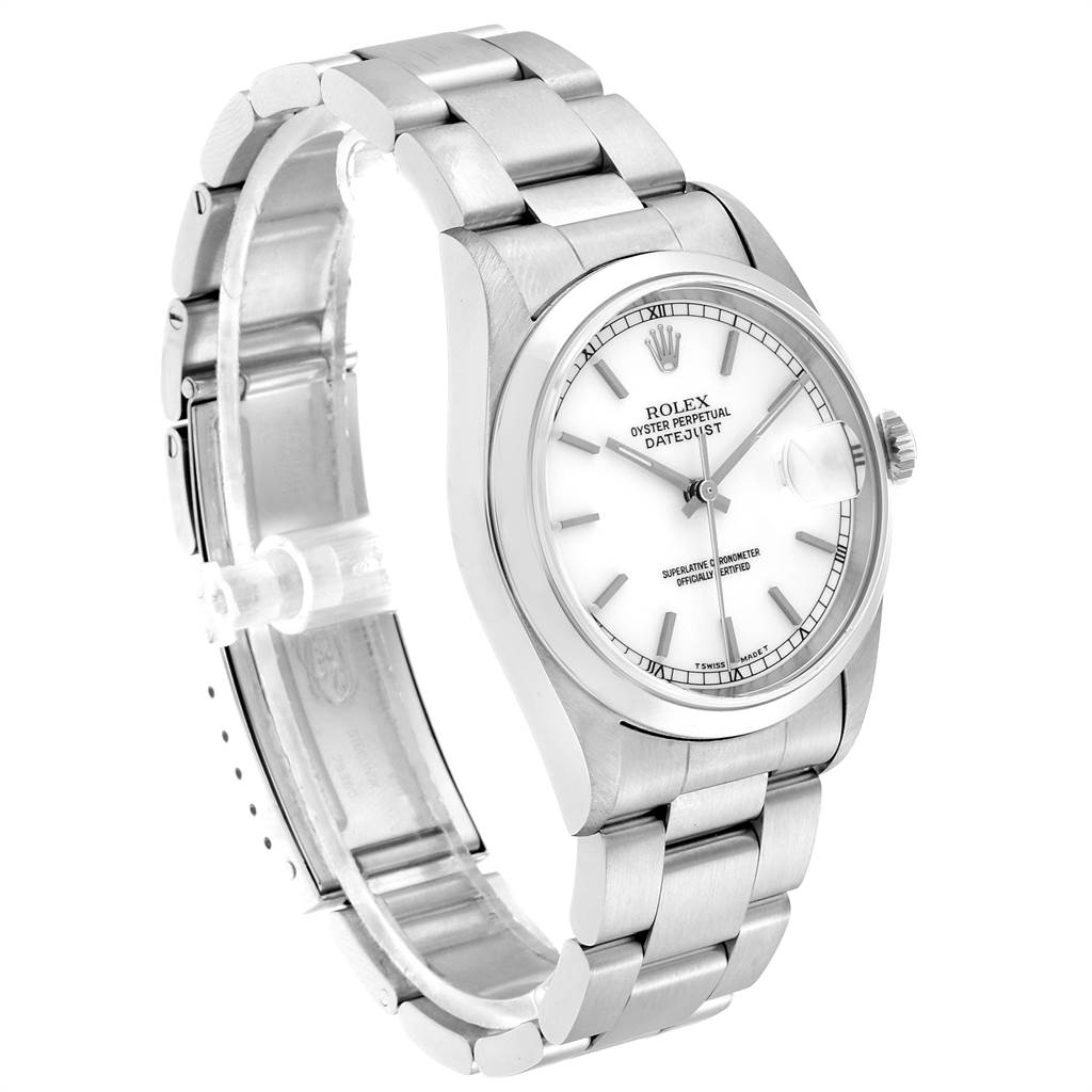 This image shows the Rolex Datejust 16200 Men's Stainless Steel White Dial 16200 Men's Stainless Steel White Dial watch at a left-side angle, featuring its bracelet, dial, crown, and case.