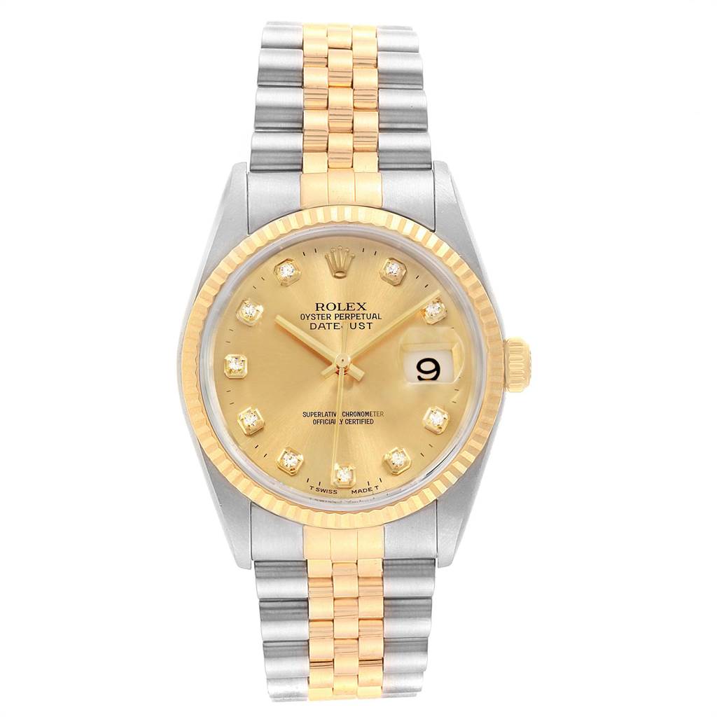 This is a front view of a Rolex Datejust 16233 Men
s Steel and Gold (two tone) Champagne Dial 16233 Men
s Steel and Gold (two tone) Champagne Dial watch, showcasing the dial, bezel, and bracelet.