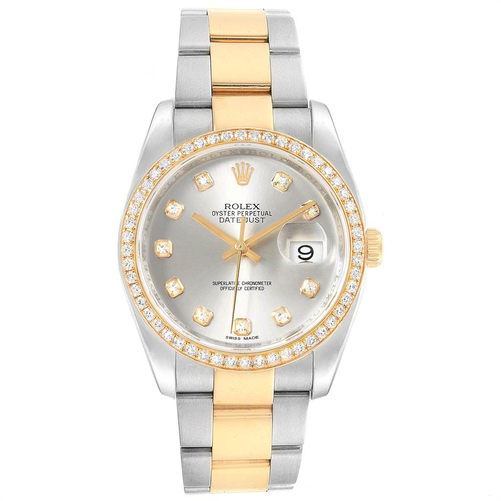 The image shows a front view of a Rolex Datejust 116243 Men's Stainless Steel Silver Dial 116243 Men's Stainless Steel Silver Dial watch, highlighting its dial, bezel, and part of the bracelet.