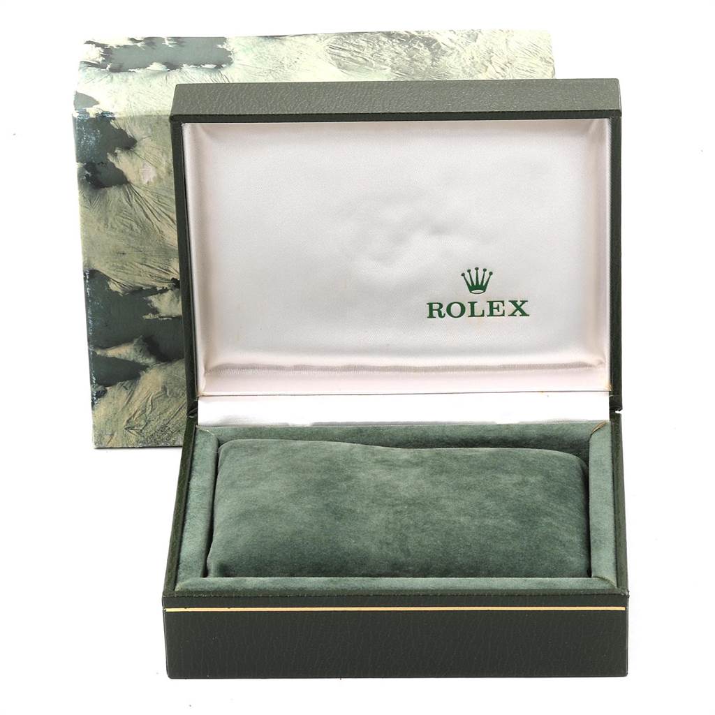 The image shows an open Rolex Datejust 16013 Men's Stainless Steel Black Dial 16013 Men's Stainless Steel Black Dial watch box with the Rolex logo on the interior lid.