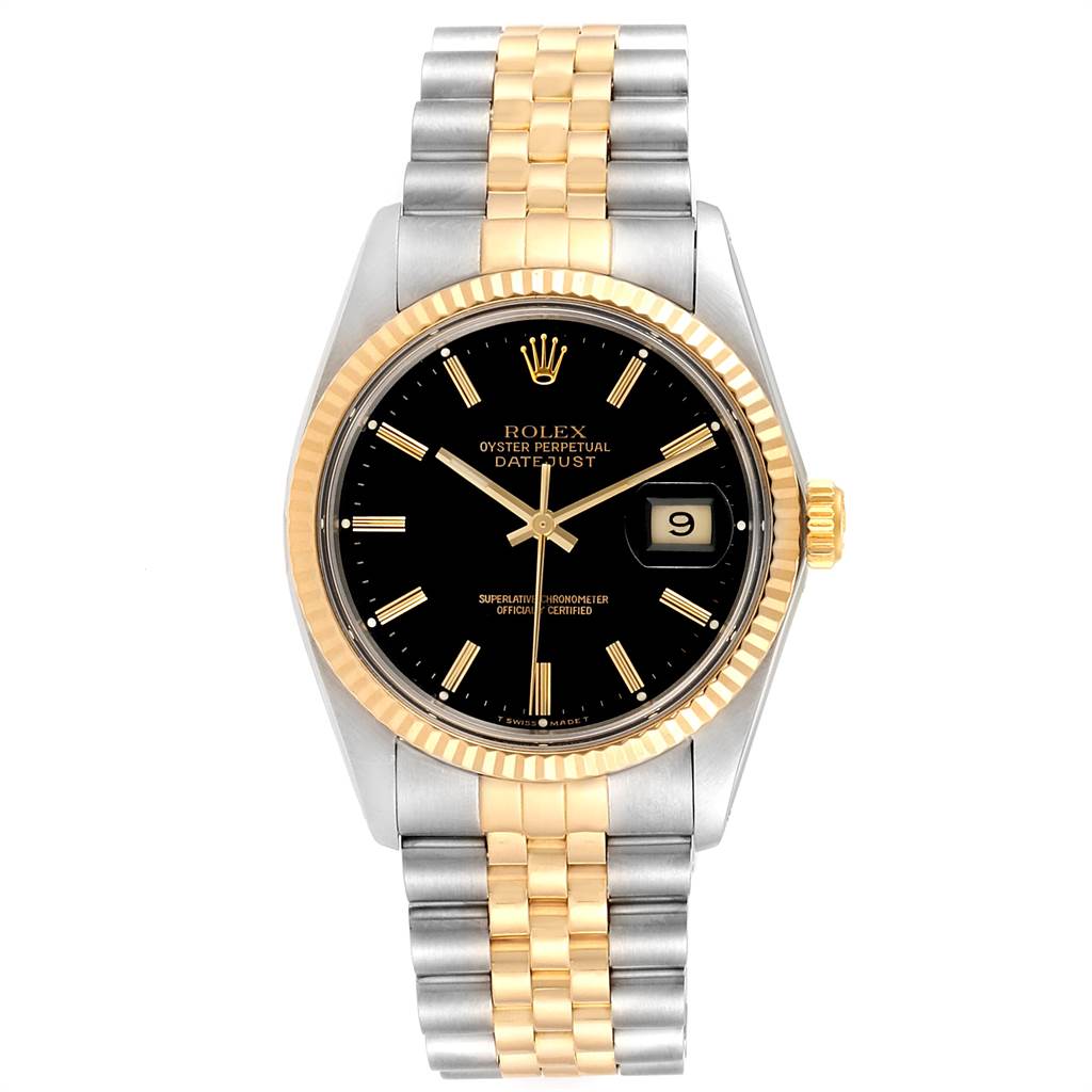 The image shows a front view of a Rolex Datejust 16013 Men's Stainless Steel Black Dial 16013 Men's Stainless Steel Black Dial watch, displaying its black dial, date window, and two-tone bracelet.