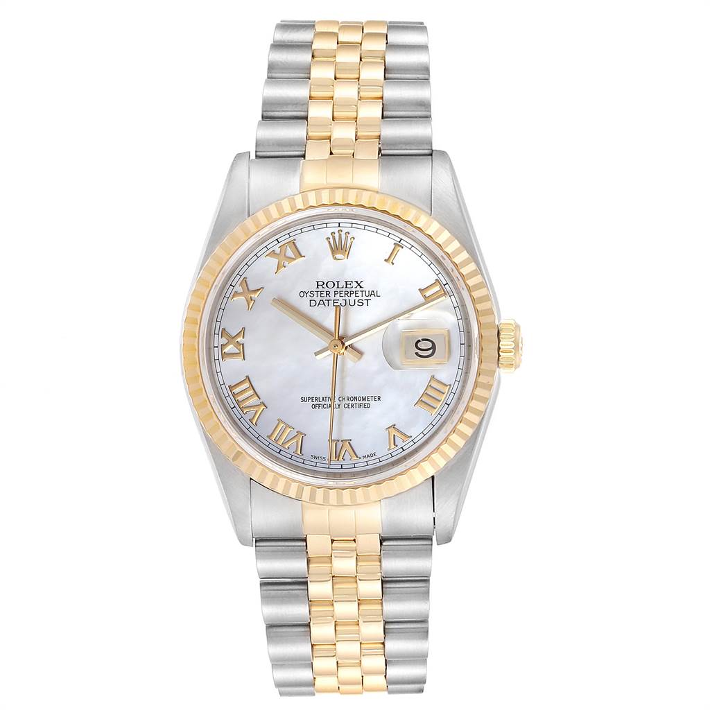 This Rolex Datejust 16233 Men's Steel and Gold (two tone) Mother of Pearl Dial 16233 Men's Steel and Gold (two tone) Mother of Pearl Dial watch is shown from a front view, highlighting its face, bezel, crown, and bracelet.