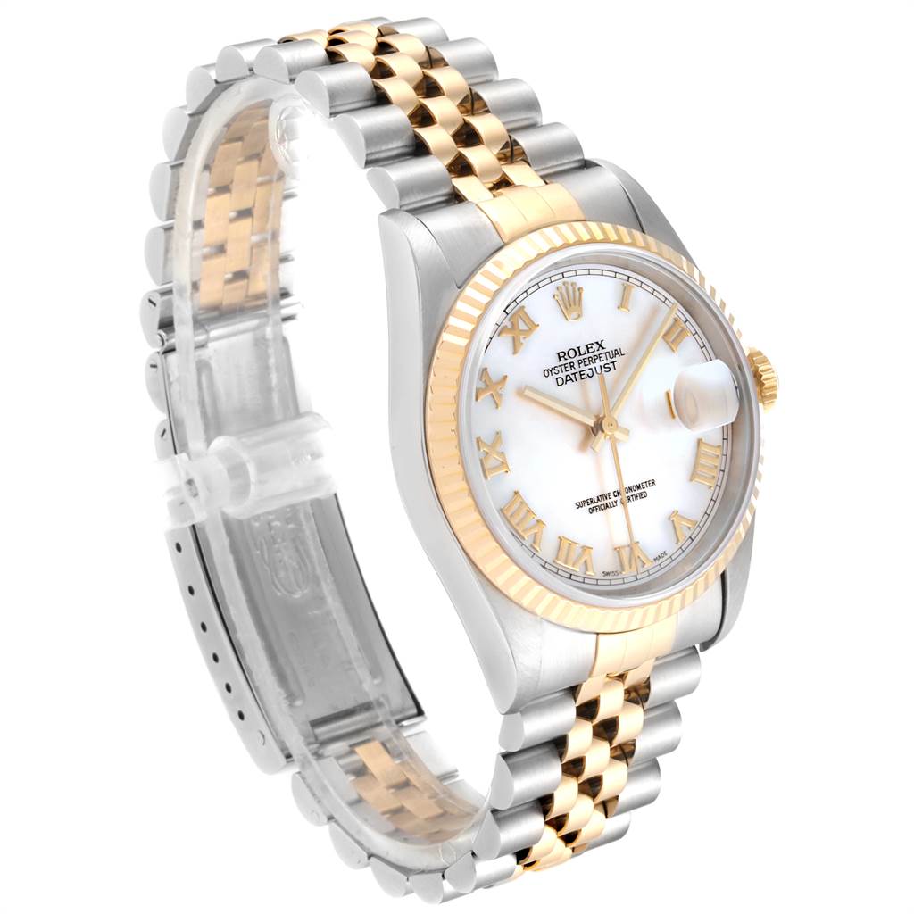 The image shows a Rolex Datejust 16233 Men's Steel and Gold (two tone) Mother of Pearl Dial 16233 Men's Steel and Gold (two tone) Mother of Pearl Dial watch from a three-quarter angle highlighting the face, bezel, crown, and bracelet.