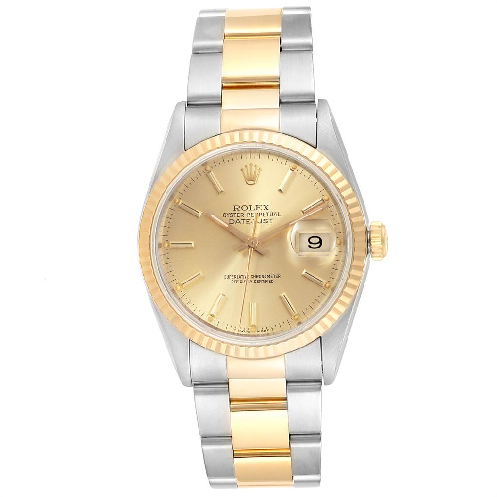 The image shows a Rolex Datejust 16233 Men's Steel and Gold (two tone) Champagne Dial 16233 Men's Steel and Gold (two tone) Champagne Dial watch from a front angle, displaying its dial, bezel, and bracelet.