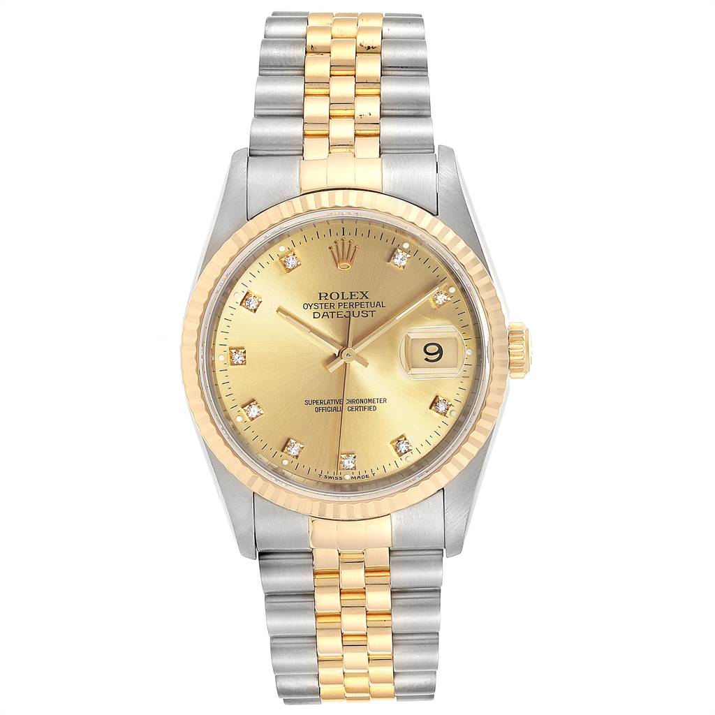 This Rolex Datejust 16233 Men's Steel and Gold (two tone) Champagne Dial 16233 Men's Steel and Gold (two tone) Champagne Dial watch is shown from the front, featuring its dial, bezel, and two-tone bracelet.