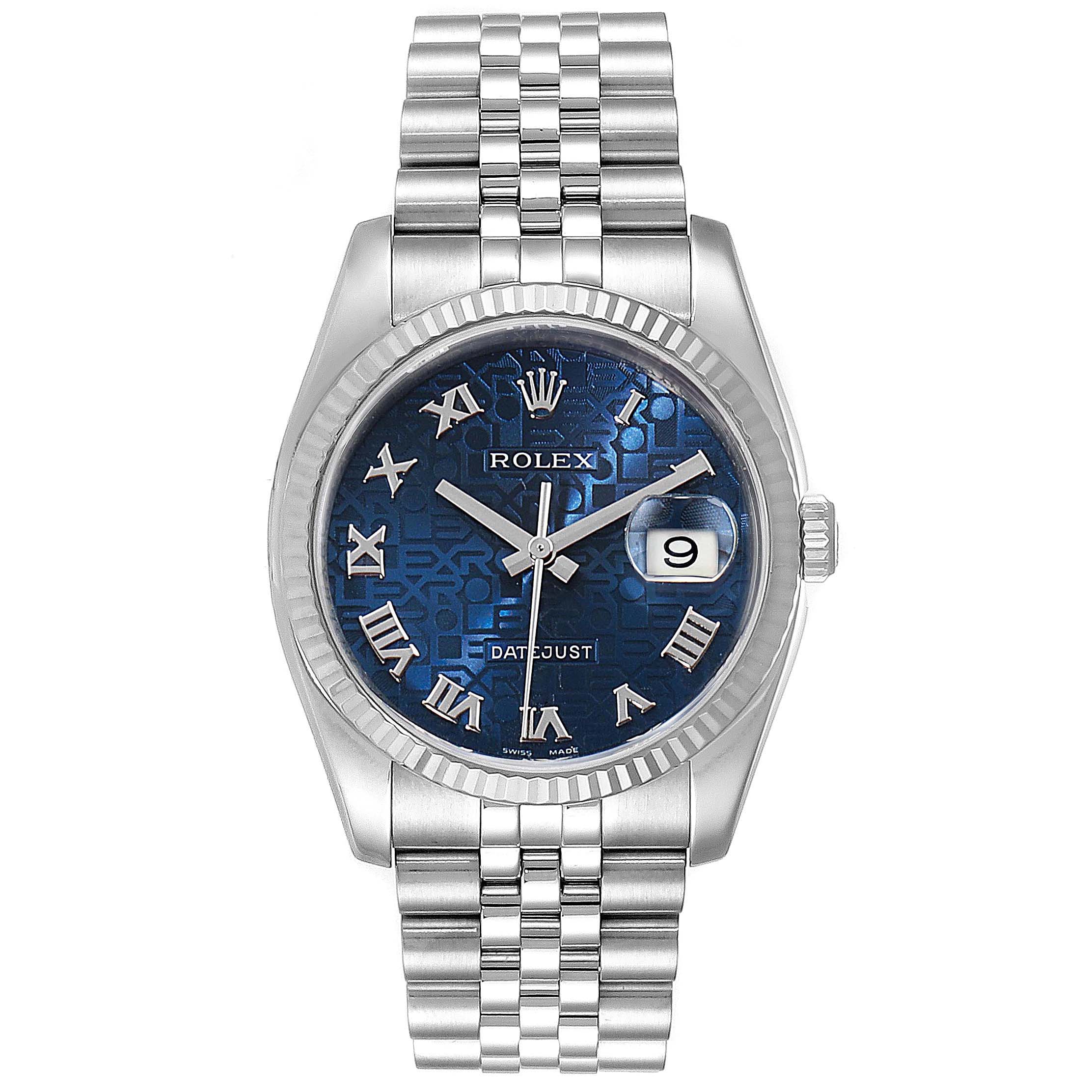 The image shows a front view of a Rolex Datejust 116234 Men's Stainless Steel Blue Dial 116234 Men's Stainless Steel Blue Dial watch, highlighting the dial, bezel, and bracelet.