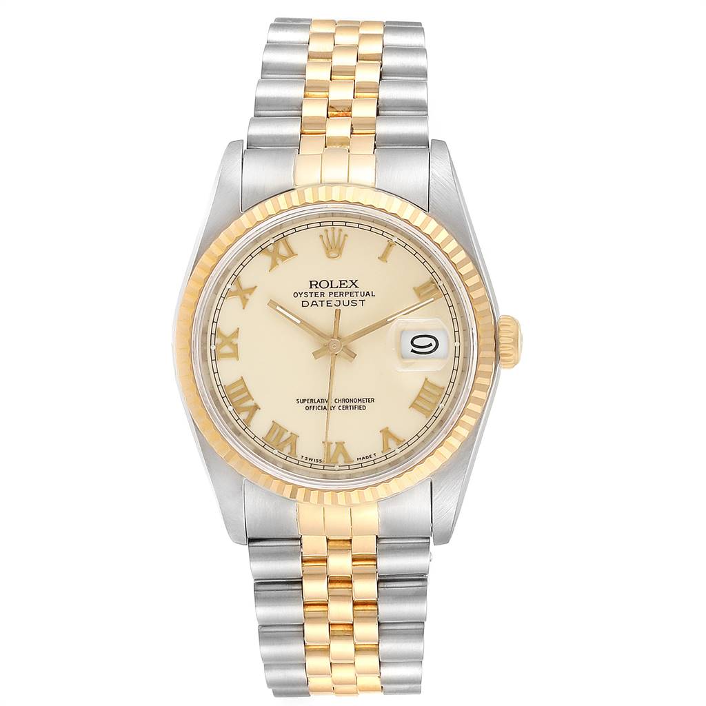 The Rolex Datejust 16233 Men
s Steel and Gold (two tone) Beige Dial 16233 Men
s Steel and Gold (two tone) Beige Dial watch is shown from a straight-on angle, displaying its face, bezel, and two-tone metal bracelet.